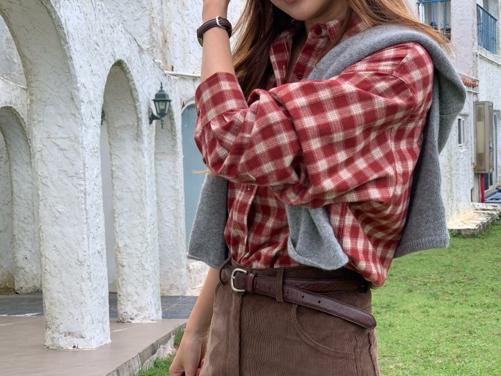 Pomelo - Korean Women Fashion - #shopsmall - Peach Check Shirt - 5