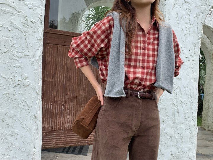 Pomelo - Korean Women Fashion - #thatsdarling - Peach Check Shirt - 6
