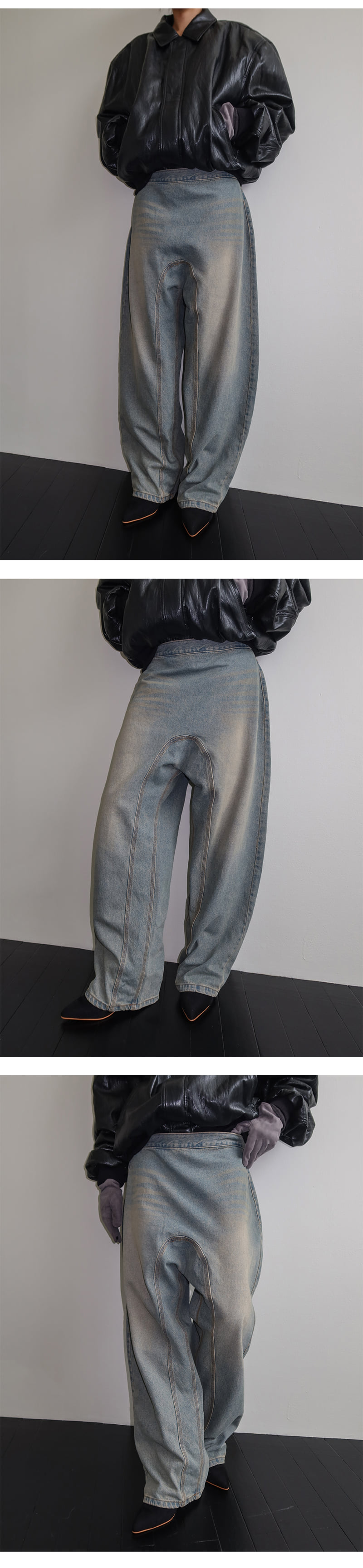 Project Wave - Korean Women Fashion - #momslook - Curved Wide Denim Pants - 2