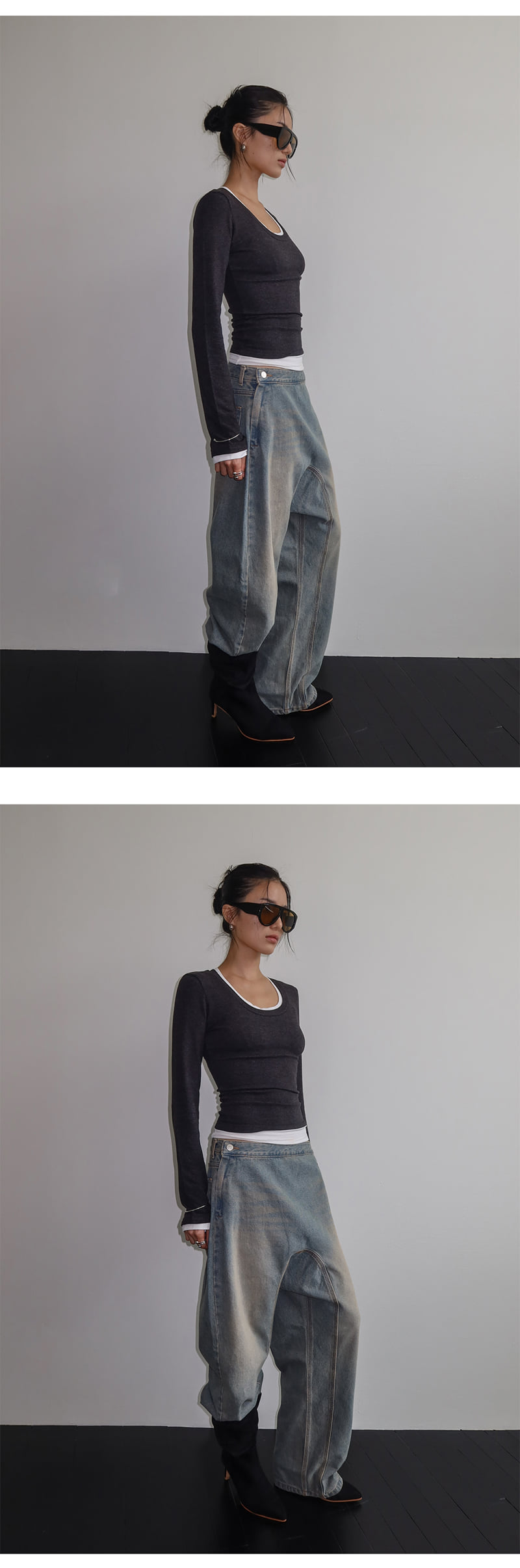 Project Wave - Korean Women Fashion - #momslook - Curved Wide Denim Pants - 6