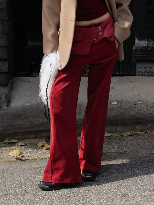 Corduroy Belted Layered Pocket Wide Pants