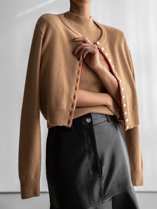 Stitch Button Detail Cashmere Wool Crop Cardigan