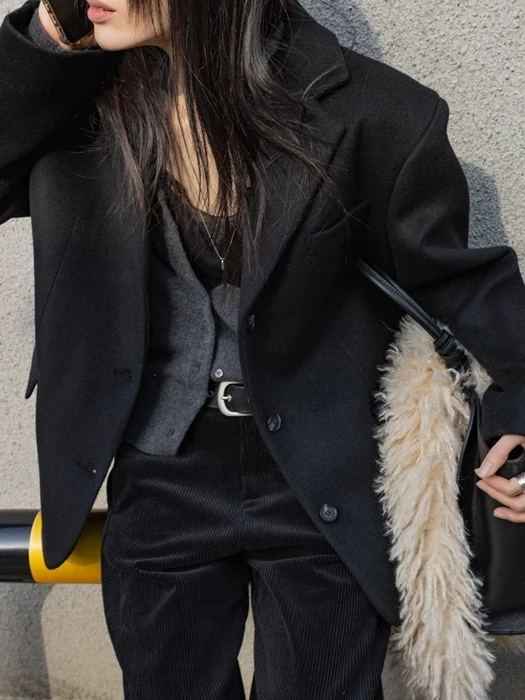 Curved Sleeve Wool Blend Tailored Jacket