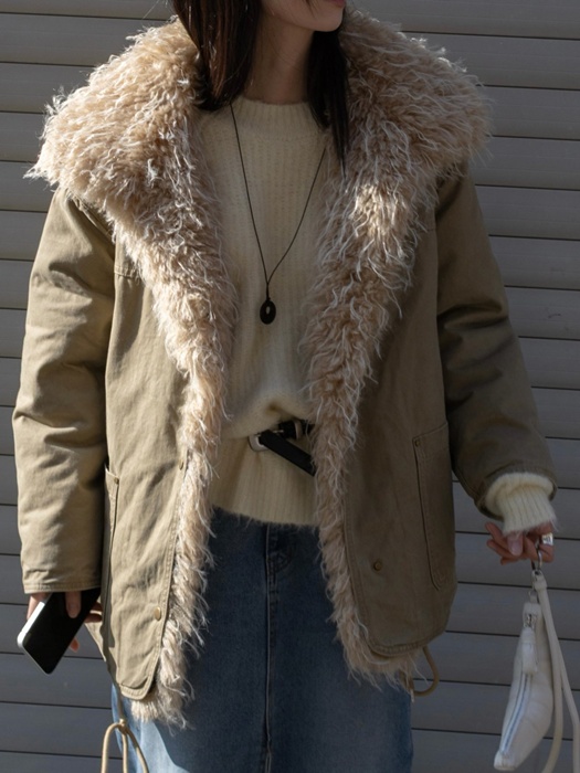Shearling Collar Washed Military Jumper