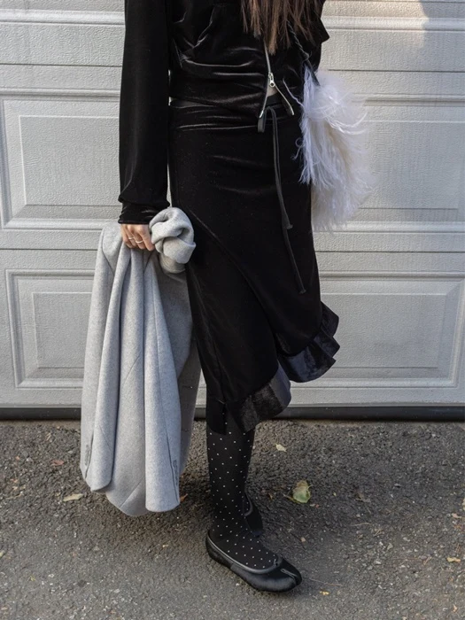 Velvet Asymmetric Ruffle Midi Skirt