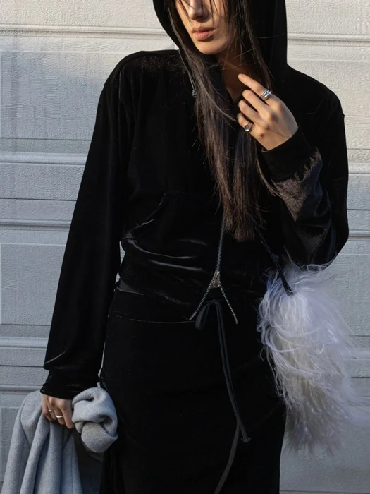 Velvet Two Way Cropped Zip Up Hoodie