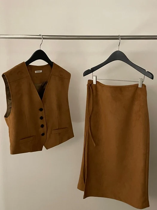 Suede Vest Wrap Skirt Set
