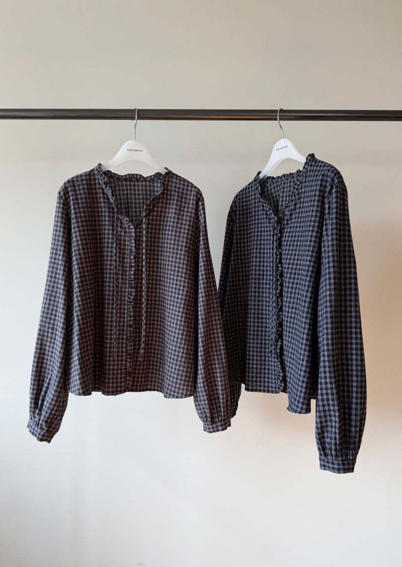 Amygrace - Korean Women Fashion - #momslook - Mio Check Frill Blouse