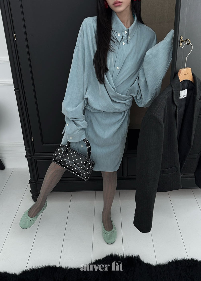 Auver_Fit - Korean Women Fashion - #vintagekidsstyle - Shirt Wrap One-piece - 2