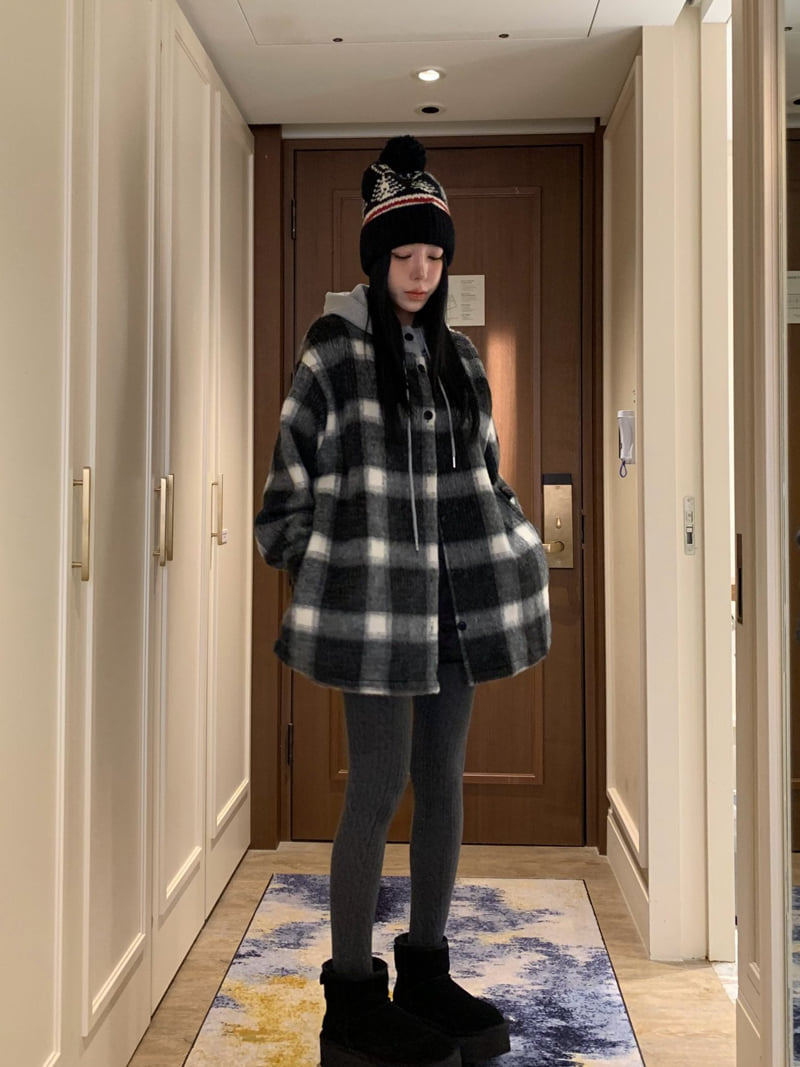 Badcalm - Korean Women Fashion - #momslook - Big Hoodie Wool Check Shirt