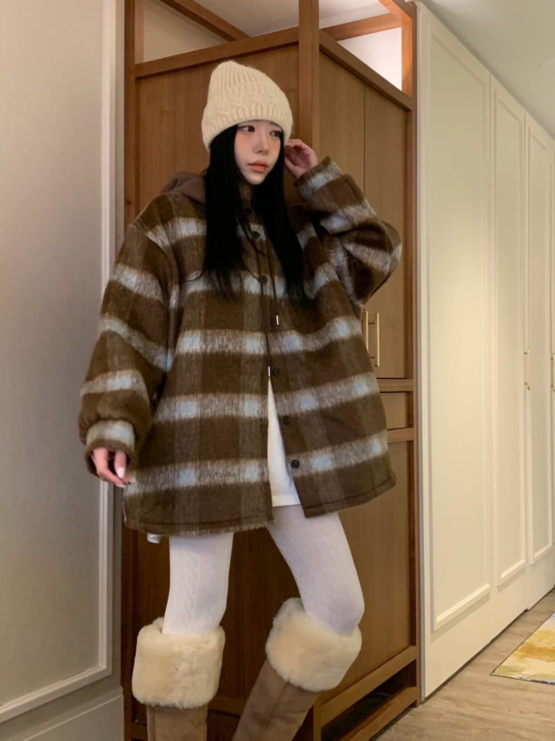 Badcalm - Korean Women Fashion - #momslook - Big Hoodie Wool Check Shirt - 11