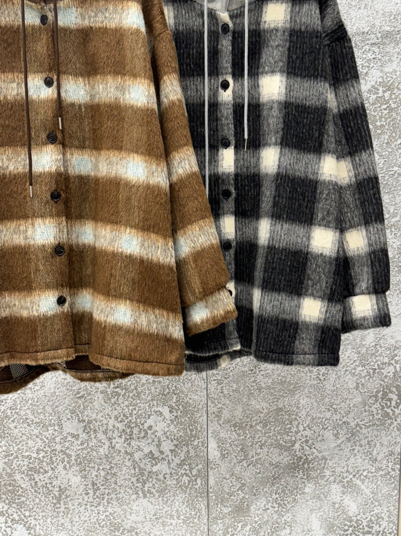 Badcalm - Korean Women Fashion - #momslook - Big Hoodie Wool Check Shirt - 9
