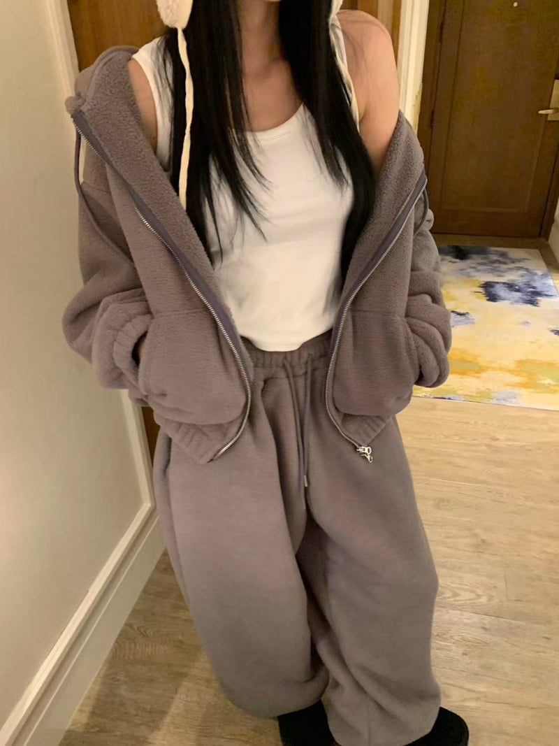 Badcalm - Korean Women Fashion - #momslook - Fluffy Cloud Hoodie Zip-Up