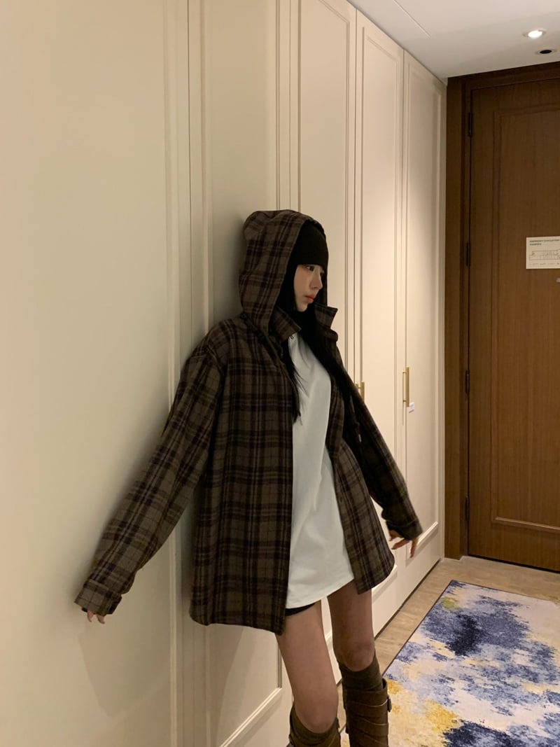 Badcalm - Korean Women Fashion - #restrostyle - Wool Check Hood Shirt