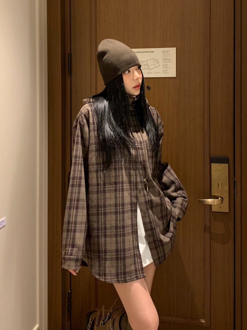Badcalm - Korean Women Fashion - #shopsmall - Wool Check Hood Shirt - 4