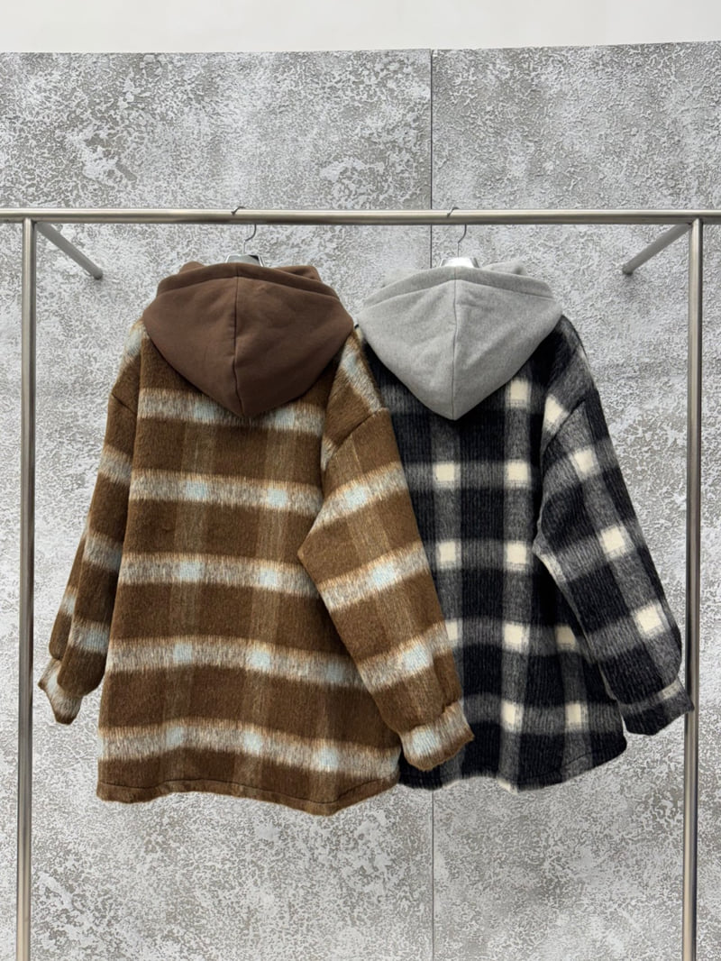 Badcalm - Korean Women Fashion - #womensfashion - Big Hoodie Wool Check Shirt - 10