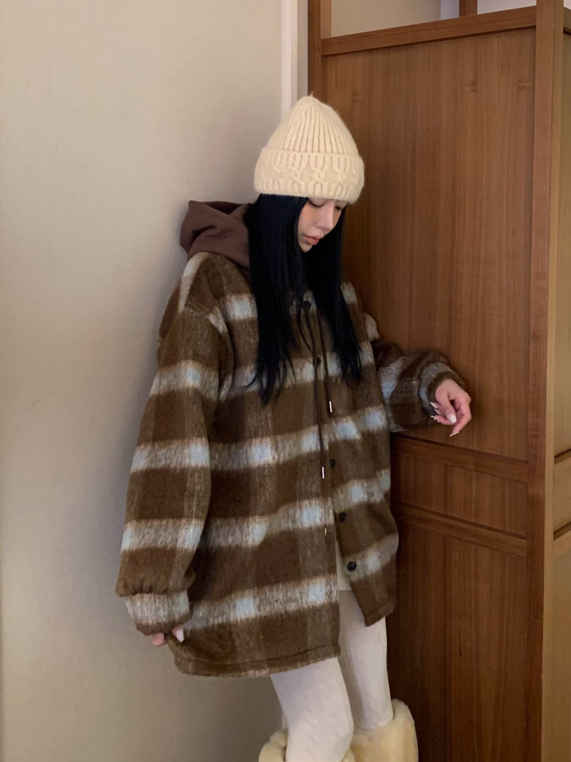 Badcalm - Korean Women Fashion - #womensfashion - Big Hoodie Wool Check Shirt - 12