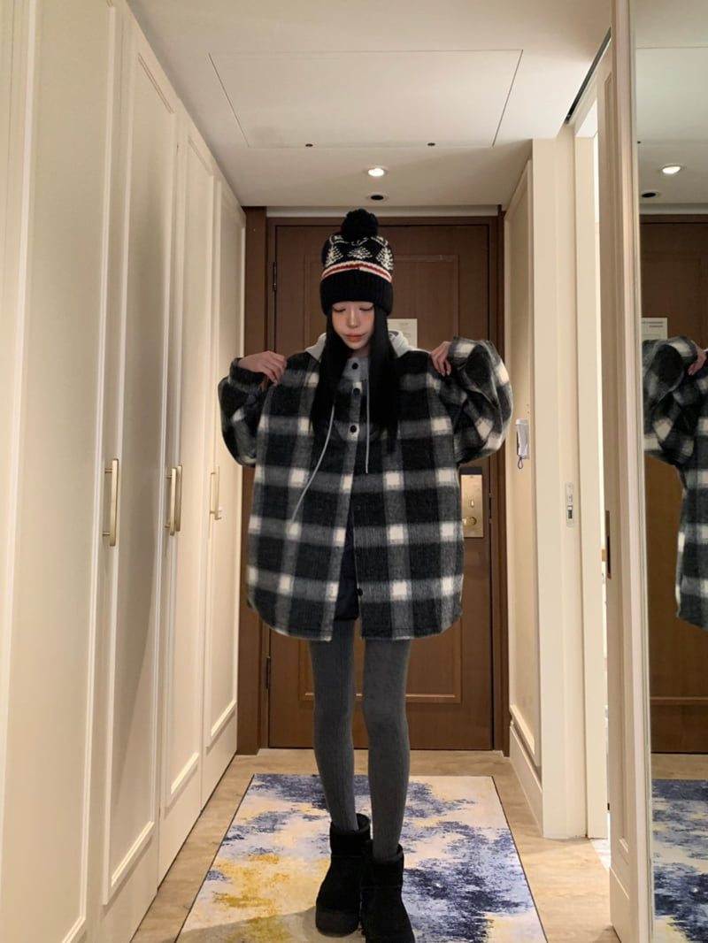 Badcalm - Korean Women Fashion - #womensfashion - Big Hoodie Wool Check Shirt - 2