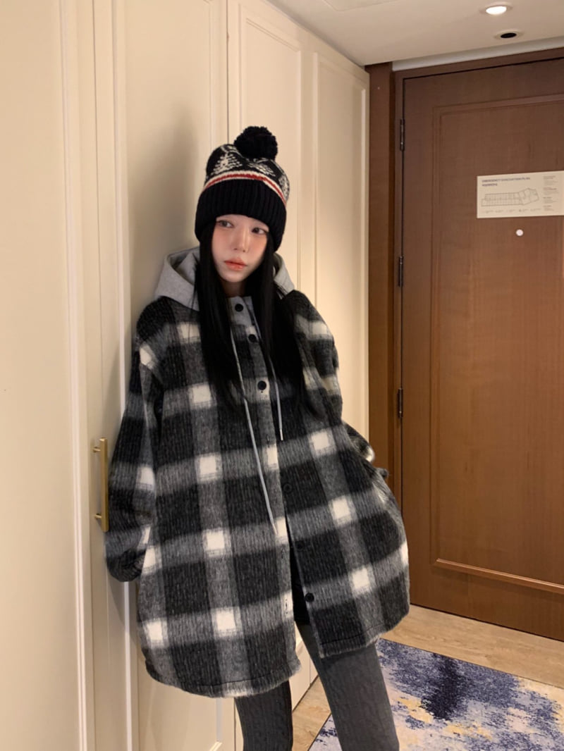 Badcalm - Korean Women Fashion - #momslook - Big Hoodie Wool Check Shirt - 4