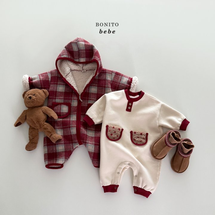 Bonito - Korean Baby Fashion - #babyclothing - Bebe Check Fleece Hood Suit - 12