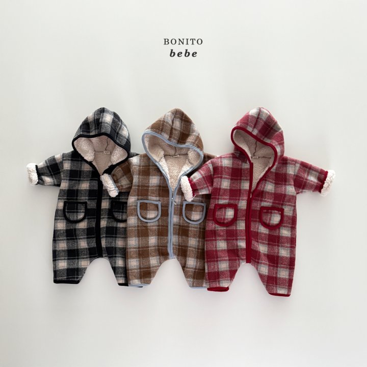 Bonito - Korean Baby Fashion - #babylifestyle - Bebe Check Fleece Hood Suit