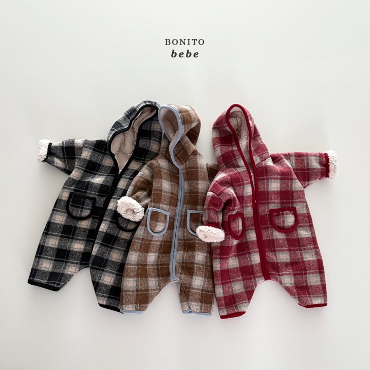 Bonito - Korean Baby Fashion - #babyootd - Bebe Check Fleece Hood Suit - 3