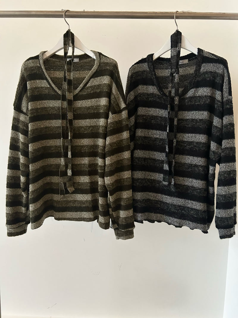 Buckle - Korean Women Fashion - #womensfashion - Soft V Neck Stripe Knit - 12