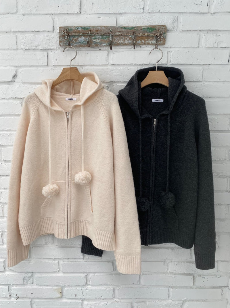 Flash - Korean Women Fashion - #momslook - Pom Pom Hood Zip-up