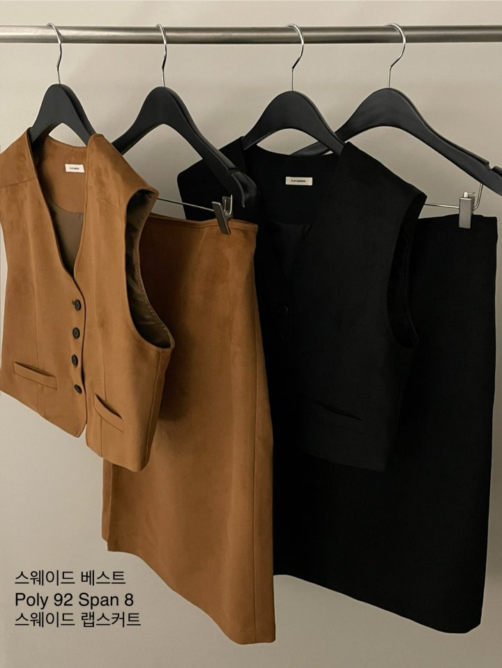 Flatgarden - Korean Women Fashion - #womensfashion - Suede Vest Wrap Skirt Set