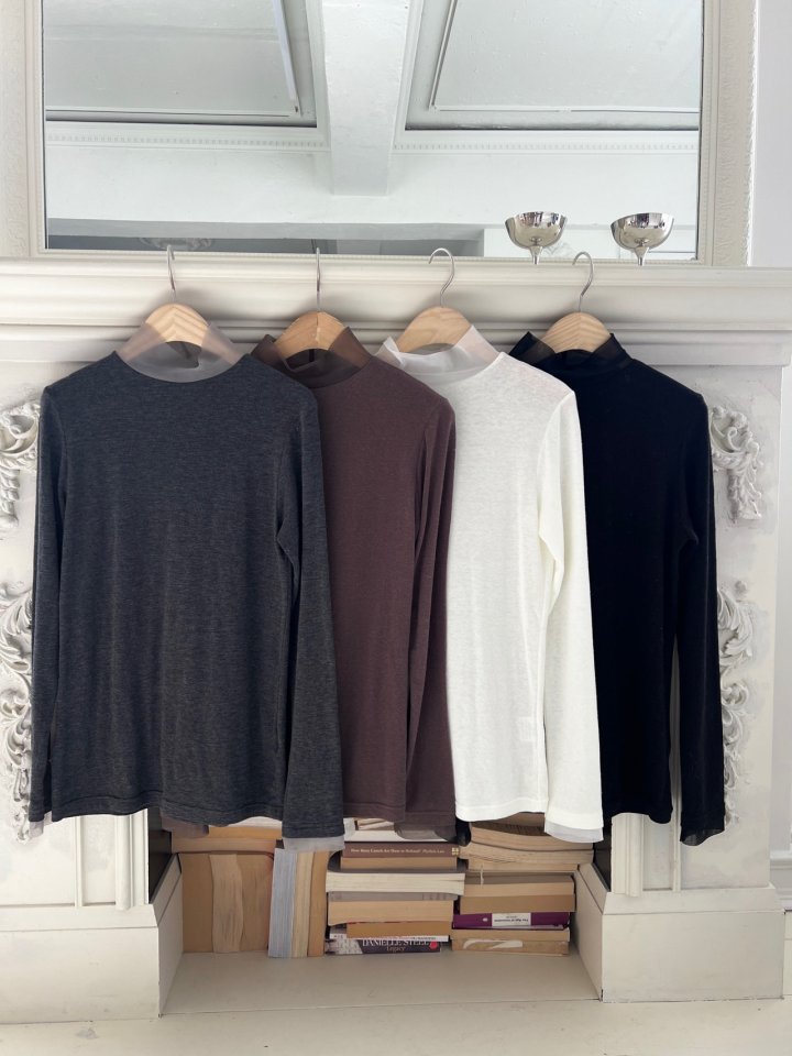 Foundation - Korean Women Fashion - #shopsmall - Chuer Mesh Organza Turtleneck Tee