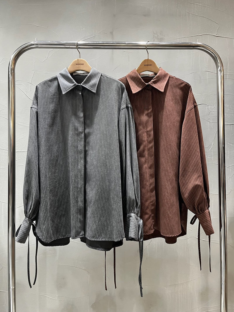 Inssense - Korean Women Fashion - #momslook - Peach Stripe Oversized Shirt - 11