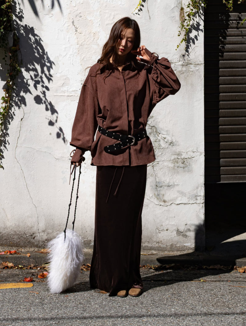 Inssense - Korean Women Fashion - #momslook - Peach Stripe Oversized Shirt - 3