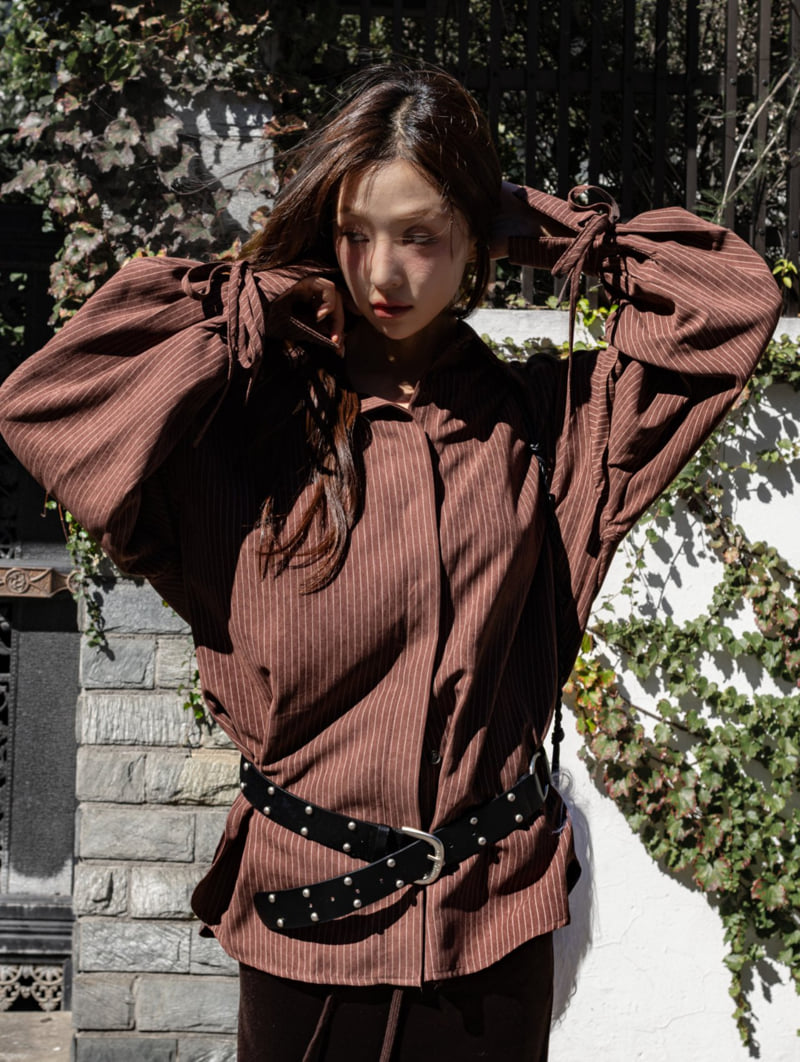 Inssense - Korean Women Fashion - #momslook - Peach Stripe Oversized Shirt - 5