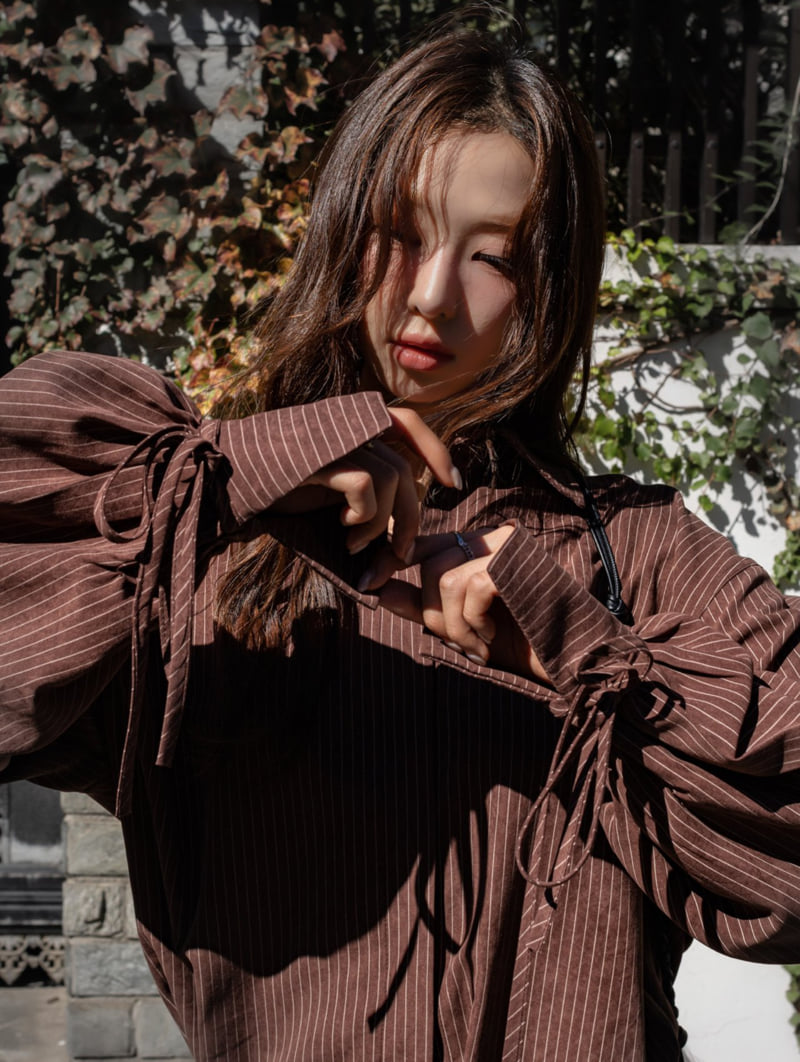 Inssense - Korean Women Fashion - #momslook - Peach Stripe Oversized Shirt - 7