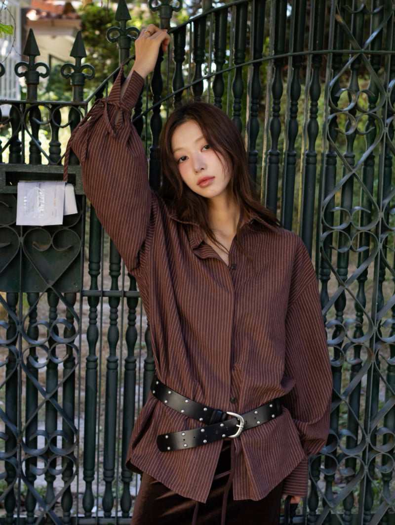 Inssense - Korean Women Fashion - #momslook - Peach Stripe Oversized Shirt - 9