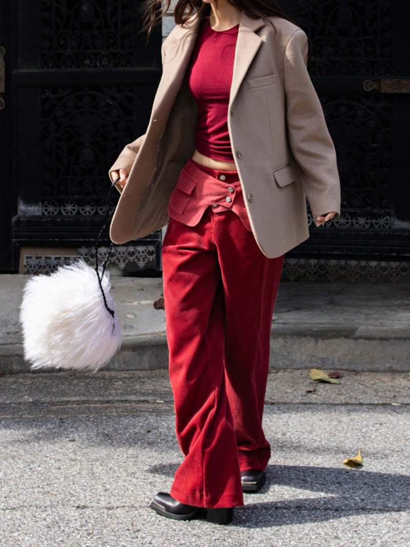 Inssense - Korean Women Fashion - #momslook - Corduroy Belted Layered Pocket Wide Pants - 7