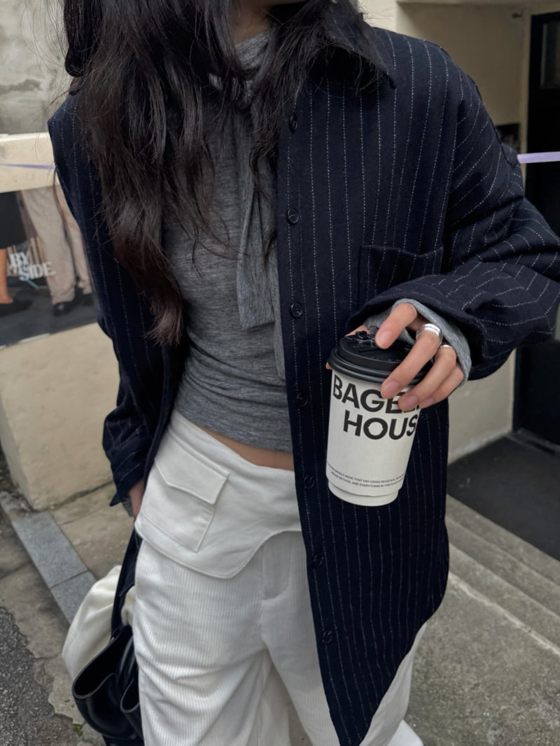 Inssense - Korean Women Fashion - #momslook - Wool Stripe Quilted Oversized Shirt Jacket - 2