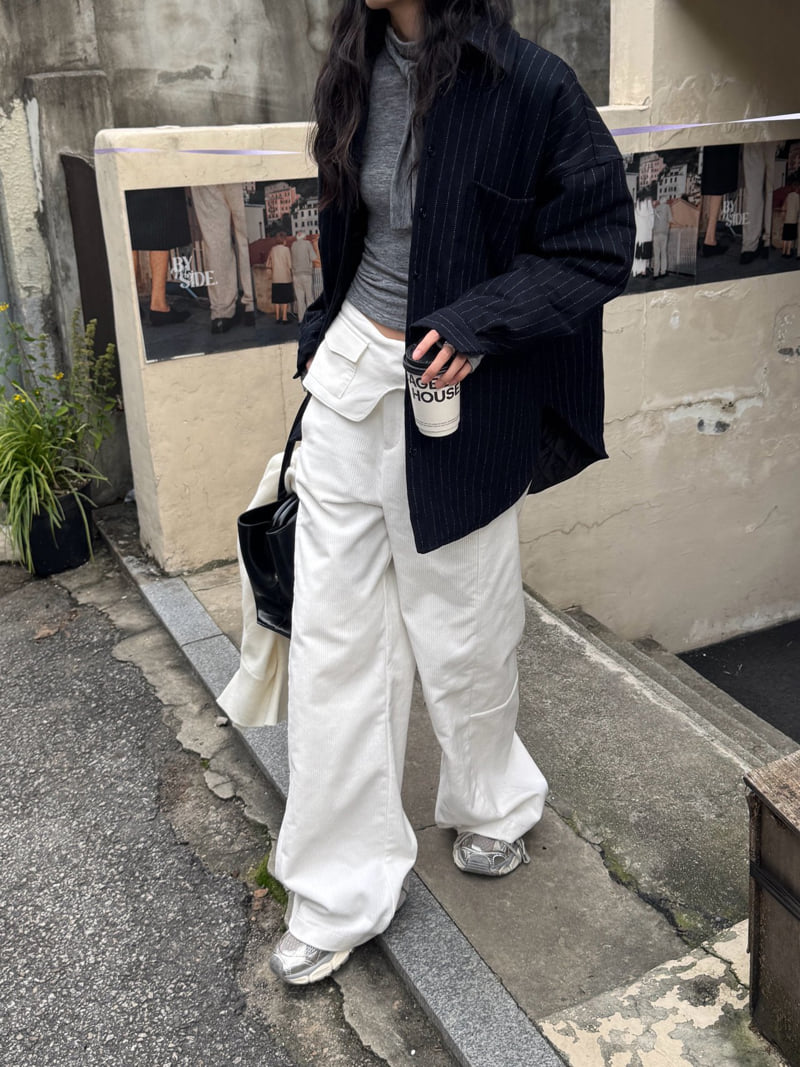 Inssense - Korean Women Fashion - #momslook - Wool Stripe Quilted Oversized Shirt Jacket - 3