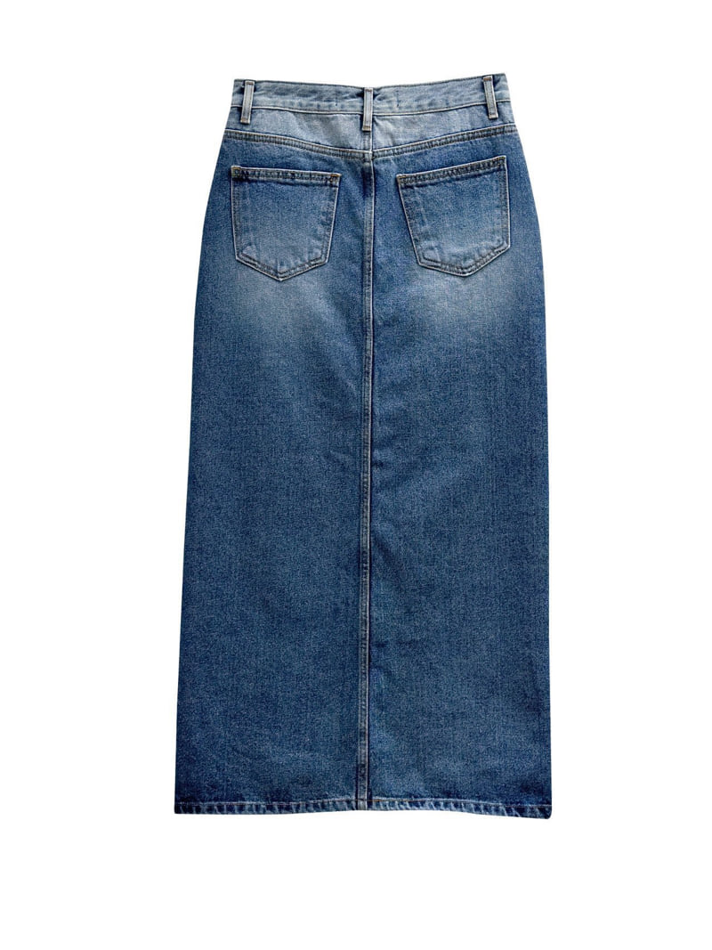 Inssense - Korean Women Fashion - #momslook - Two Tone Front Slit Maxi Denim Skirt - 11