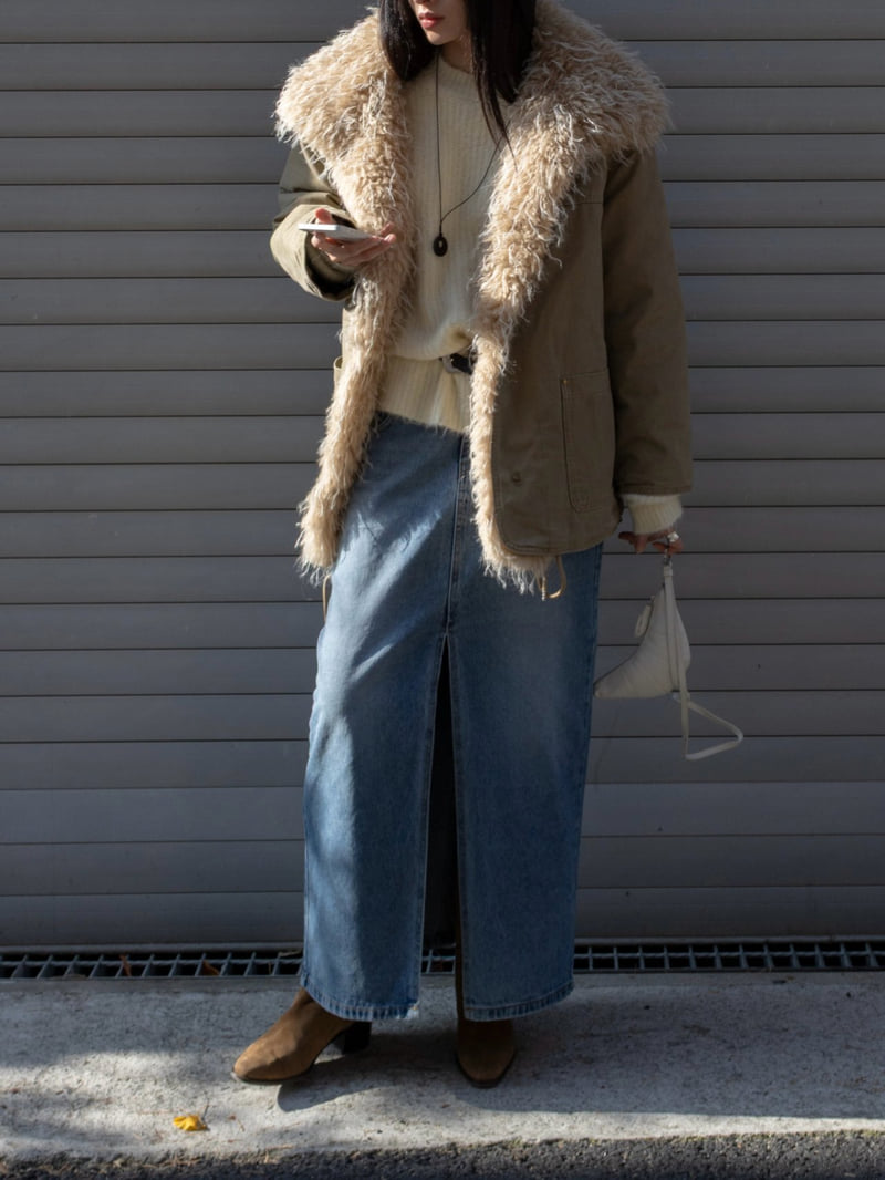 Inssense - Korean Women Fashion - #momslook - Two Tone Front Slit Maxi Denim Skirt - 7