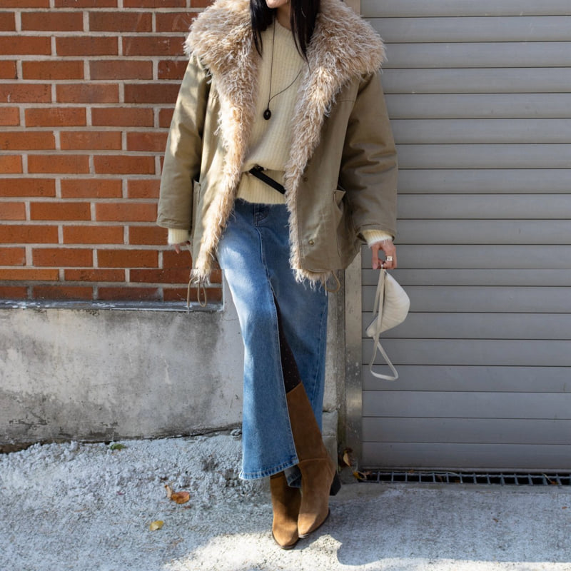 Inssense - Korean Women Fashion - #momslook - Two Tone Front Slit Maxi Denim Skirt - 9