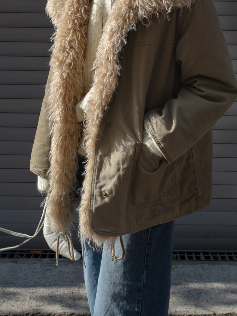 Inssense - Korean Women Fashion - #momslook - Shearling Collar Washed Military Jumper - 5