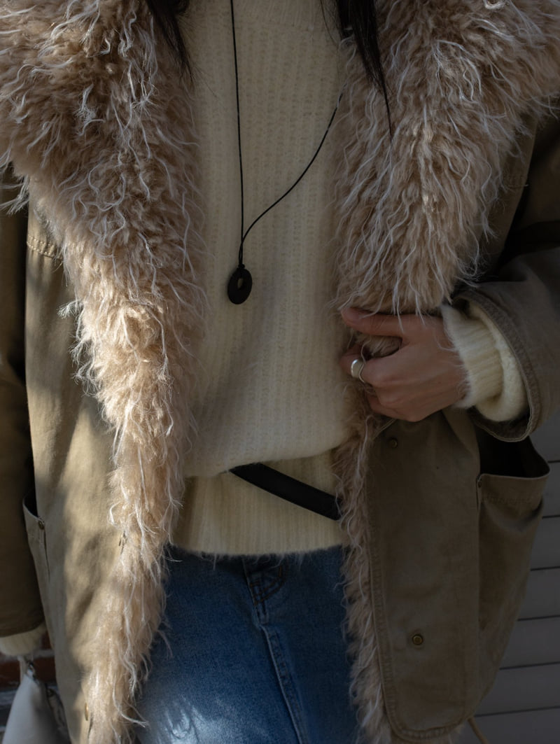 Inssense - Korean Women Fashion - #momslook - Shearling Collar Washed Military Jumper - 7