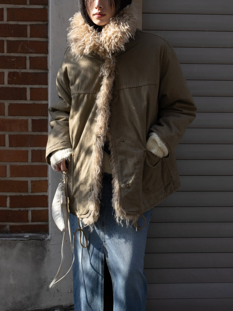 Inssense - Korean Women Fashion - #momslook - Shearling Collar Washed Military Jumper - 9