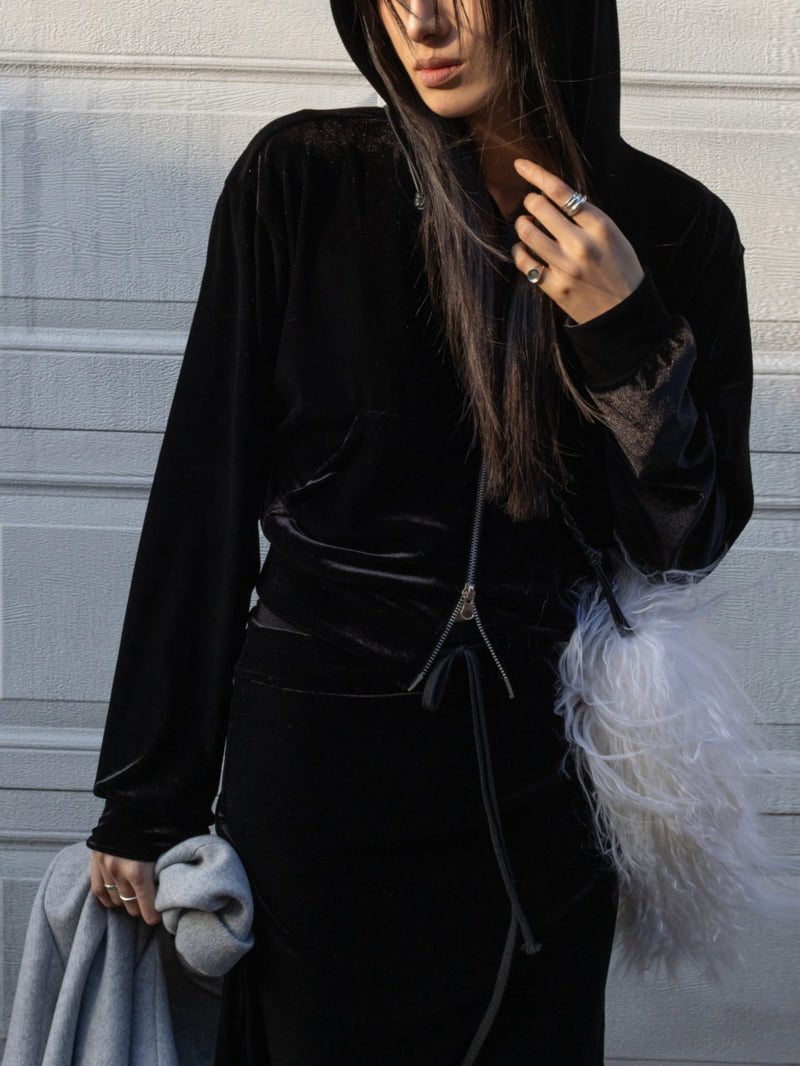 Inssense - Korean Women Fashion - #momslook - Velvet Two Way Cropped Zip Up Hoodie - 3