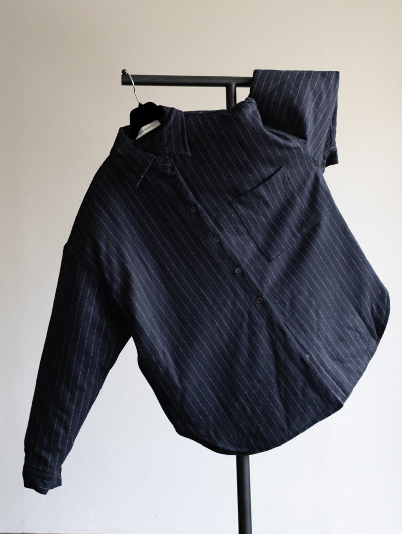 Inssense - Korean Women Fashion - #restrostyle - Wool Stripe Quilted Oversized Shirt Jacket - 9