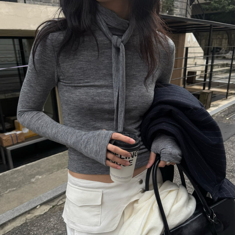 Inssense - Korean Women Fashion - #shopsmall - High Neck Tie Detail Warmer Tee - 12