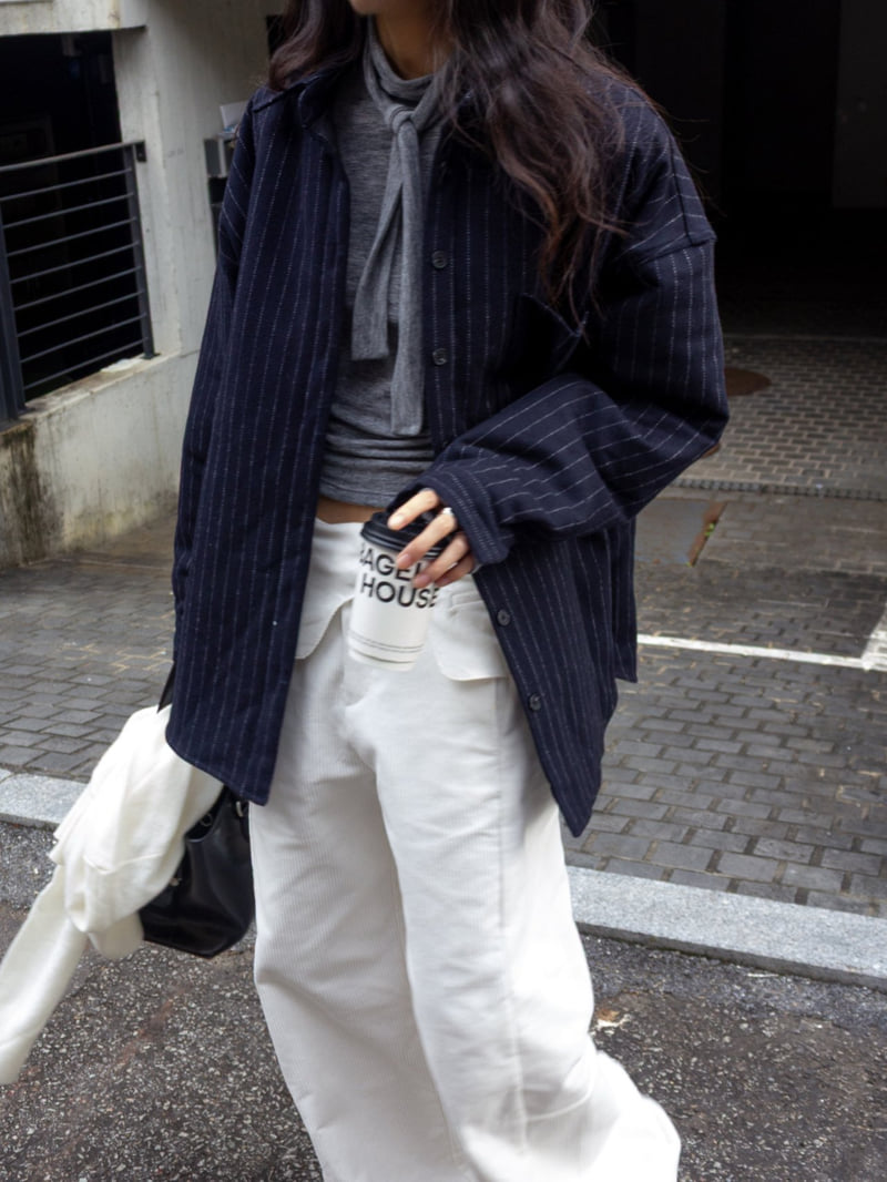 Inssense - Korean Women Fashion - #vintageinspired - Wool Stripe Quilted Oversized Shirt Jacket - 6