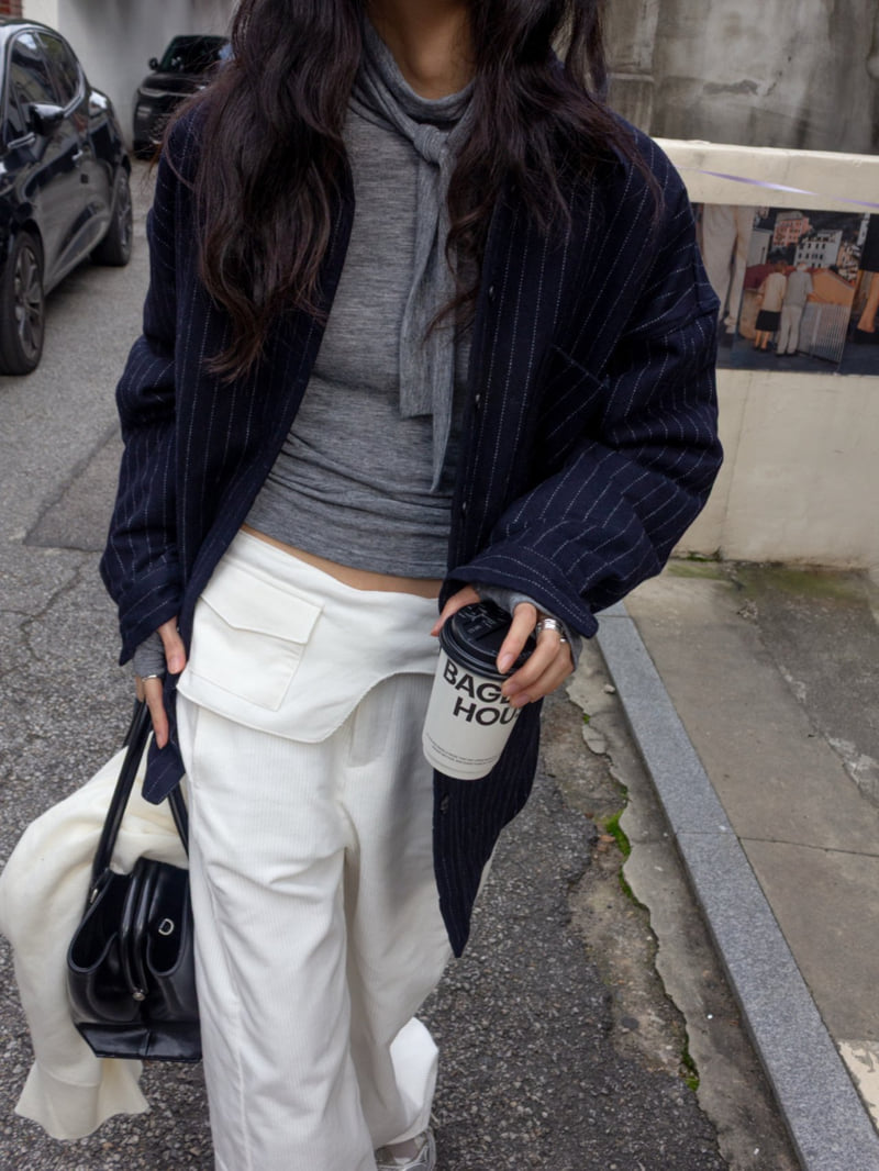 Inssense - Korean Women Fashion - #vintagekidsstyle - Wool Stripe Quilted Oversized Shirt Jacket - 7