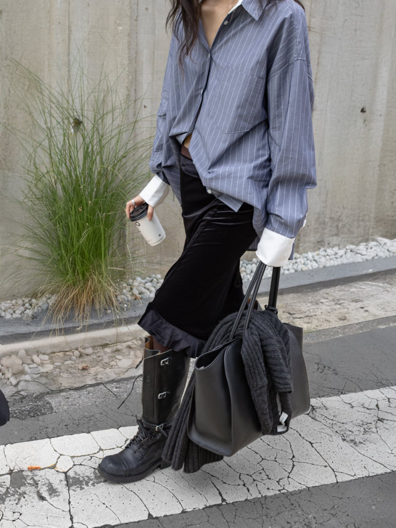 Inssense - Korean Women Fashion - #vintagekidsstyle - Oversized White Contrast Stripe Shirt - 5